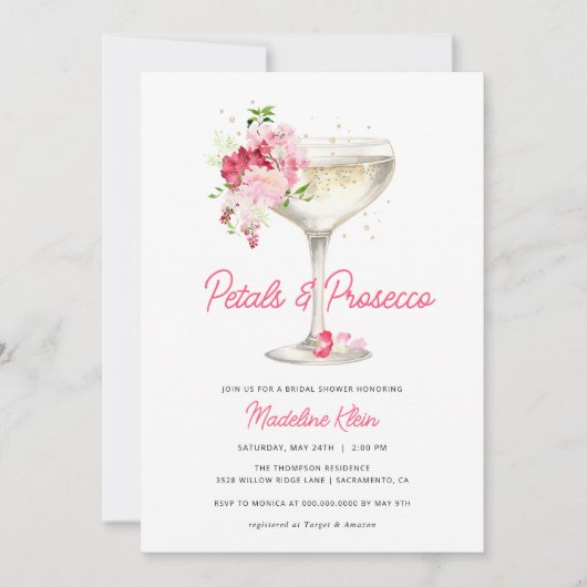 Roze Petals en Prosecco Bridal Shower Uitnodiging (Voorkant)