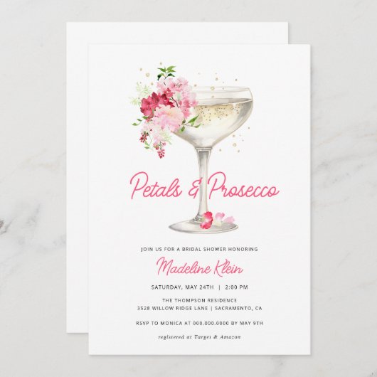 Roze Petals en Prosecco Bridal Shower Uitnodiging (Voorkant / Achterkant)