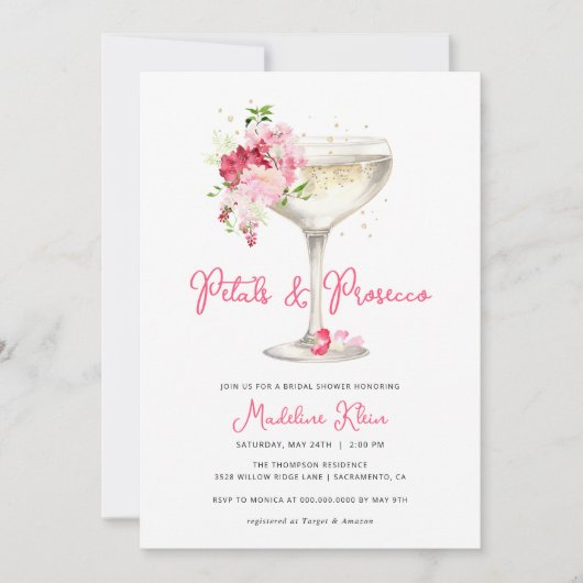 Roze Petals en Prosecco Bridal Shower Uitnodiging (Voorkant)