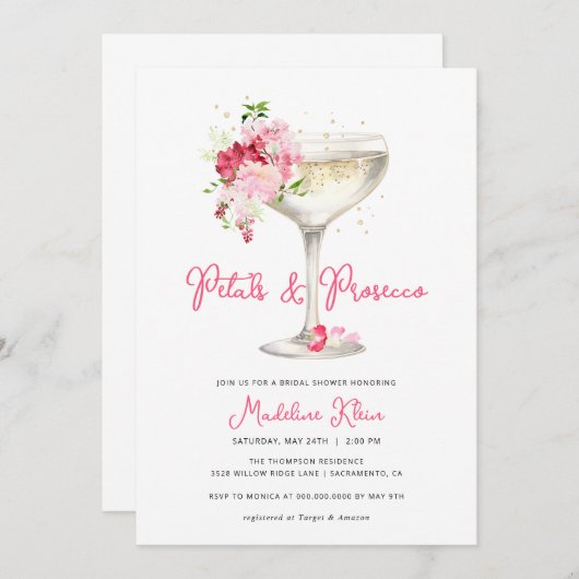 Roze Petals en Prosecco Bridal Shower Uitnodiging (Voorkant / Achterkant)