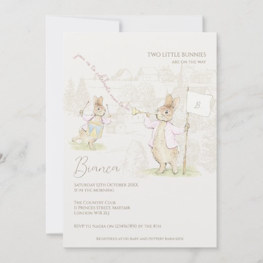 Roze Peter het konijn Een konijnentweeling Baby sh Kaart (Voorkant)