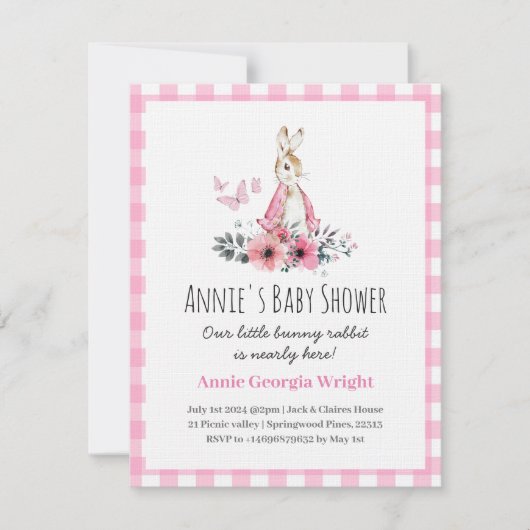 Roze Peter Konijn Uitnodiging baby shower schattig (Voorkant)
