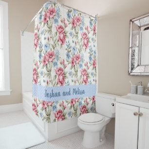 Roze petunia's en Sky Blue Daisies - Polka Dots Douchegordijn
