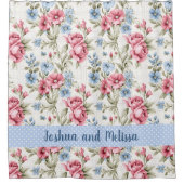 Roze petunia's en Sky Blue Daisies - Polka Dots Douchegordijn (Voorkant)