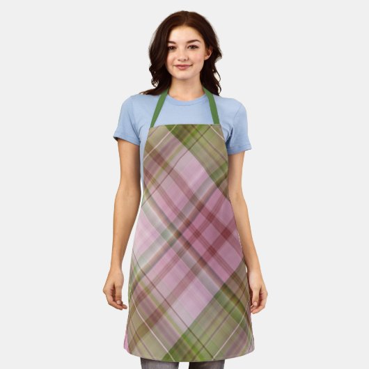 Roze Petunias Roze en Groen Plaid Schort (Gedragen)