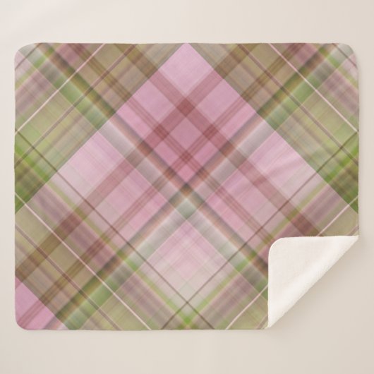Roze Petunias Roze en Groen Plaid Sherpa Deken (Voorkant (horizontaal))