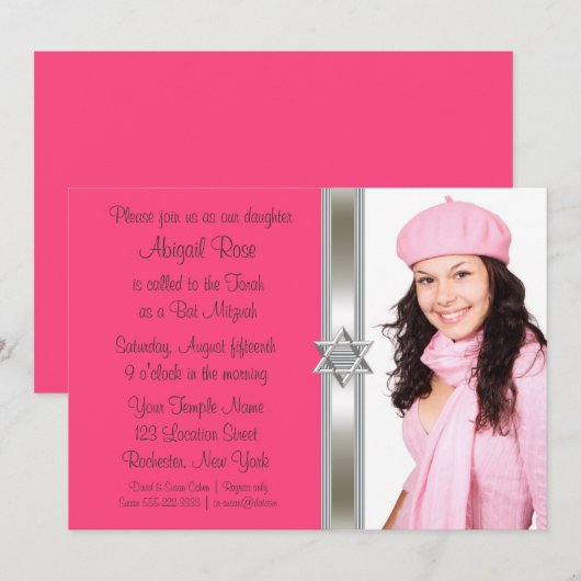Roze Photo Bat Mitzvah Kaart (Voorkant / Achterkant)