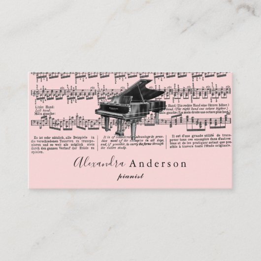  Roze Pianist Muziekdocent Visitekaartje (Voorkant)