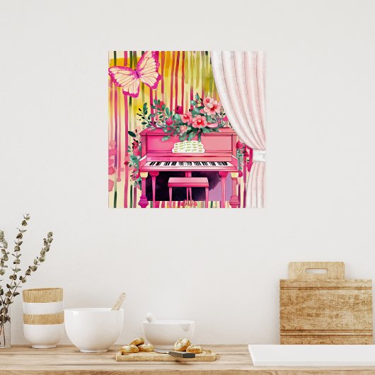 Roze Piano Waterverf Illustratie Poster (Keuken)