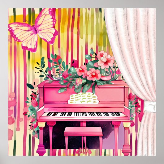 Roze Piano Waterverf Illustratie Poster (Voorkant)