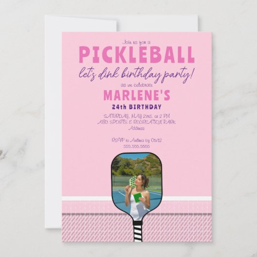 Roze Pickleball Paddle Foto Dink Verjaardagsfeest Kaart (Voorkant)
