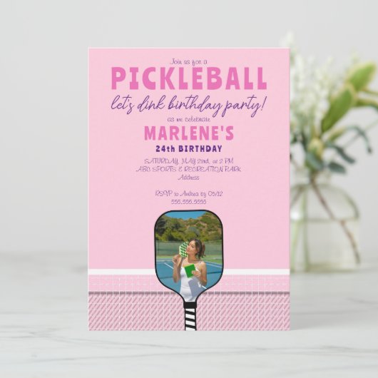 Roze Pickleball Paddle Foto Dink Verjaardagsfeest Kaart (Staand voorkant)