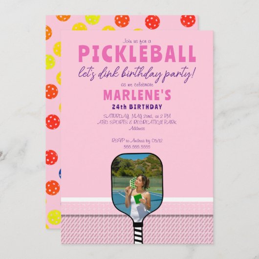 Roze Pickleball Paddle Foto Dink Verjaardagsfeest Kaart (Voorkant / Achterkant)