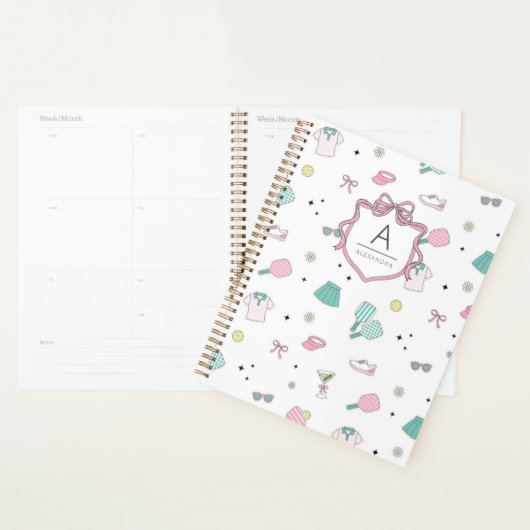 Roze Pickleball Verzorgde Monogram Print Planner (Display)