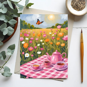  roze picknick   Flower Field Tea Butterfly Briefkaart