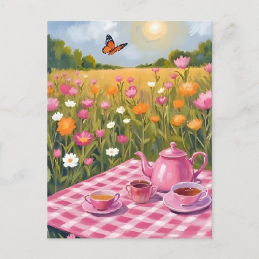  roze picknick | Flower Field Tea Butterfly Briefkaart (Voorkant)