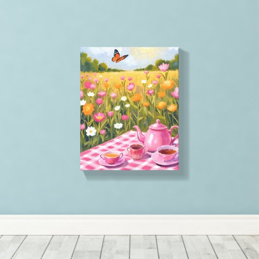  roze picknick | Flower Field Tea Butterfly Canvas Afdruk (Insitu (Houten vloer))
