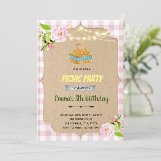 Roze picknick-uitnodiging kaart (Staand voorkant)