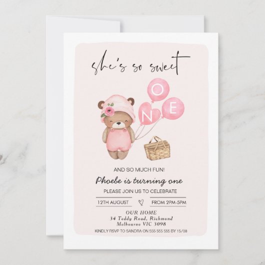 Roze Picknickmand en Teddy Bear 1e Verjaardag Kaart (Voorkant)