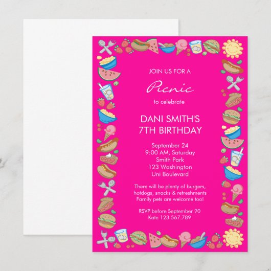 Roze picnic Birthday Kaart (Voorkant / Achterkant)