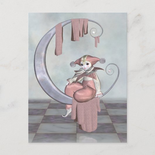 Roze Pierrot Clown Doll op een zilvermaan Briefkaart (Voorkant)
