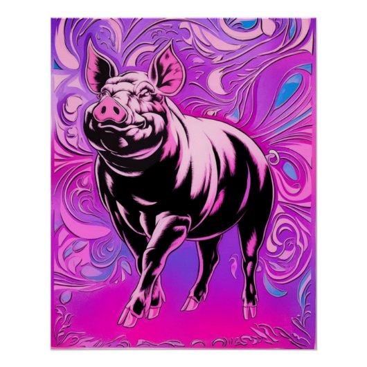 Roze Pig Design Glanzend Poster Wall Art Happy Hog (Voorkant)