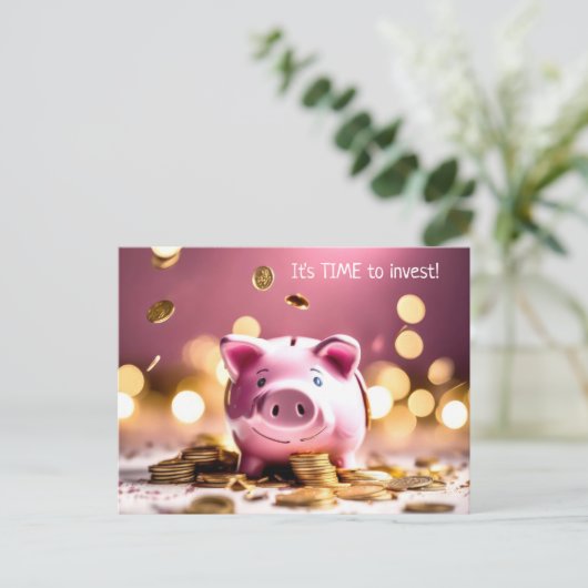 Roze Piggy Bank met munten Briefkaart (Staand voorkant)