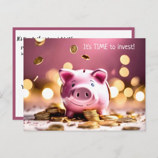Roze Piggy Bank met munten Briefkaart (Voorkant / Achterkant)