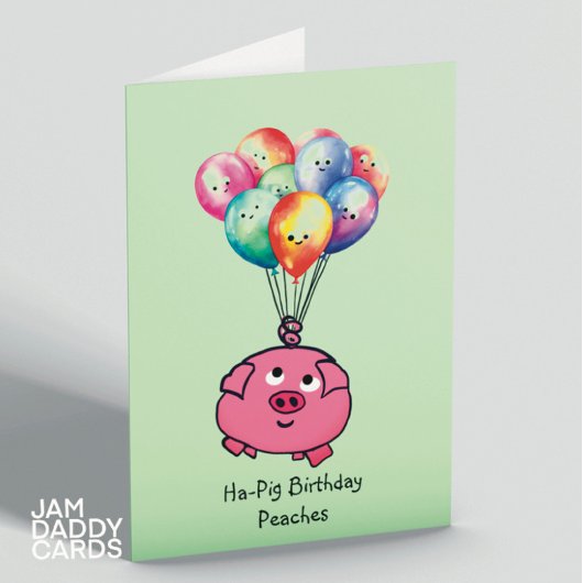 Roze piggy met ballonnen verjaardag bedankkaart