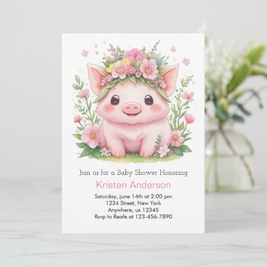 Roze Piggy Whimsical Boerderij Meisje Baby shower Kaart (Staand voorkant)
