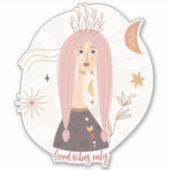 Roze pigtails boho vrouw bloemen maan bevestigen sticker (Voorkant)