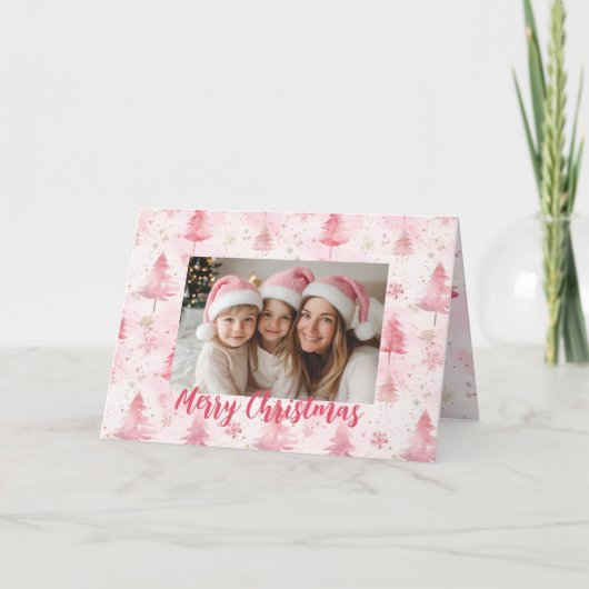Roze Pijnbomen Foto Kerst Kaart (Voorkant)