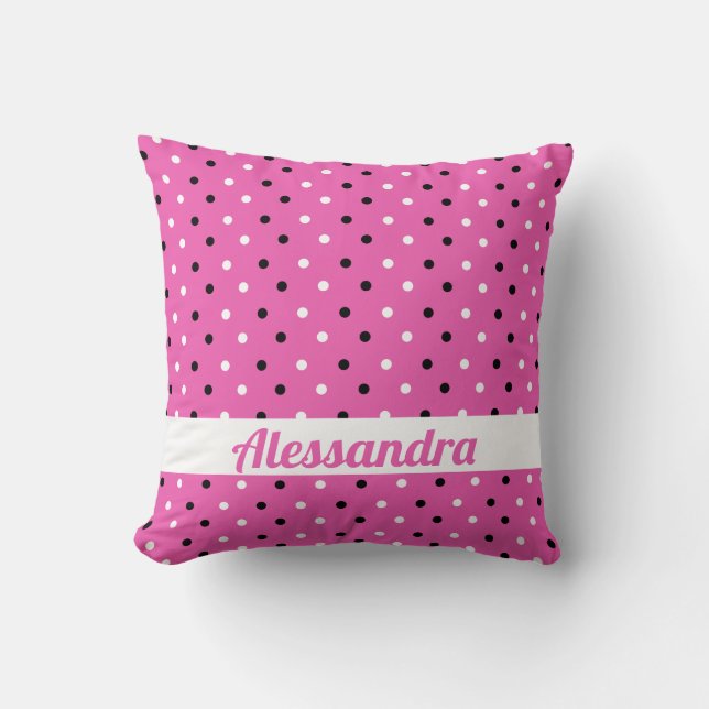 Roze Pillow met Ditsy Black en White Polka Dots Kussen (Voorkant)