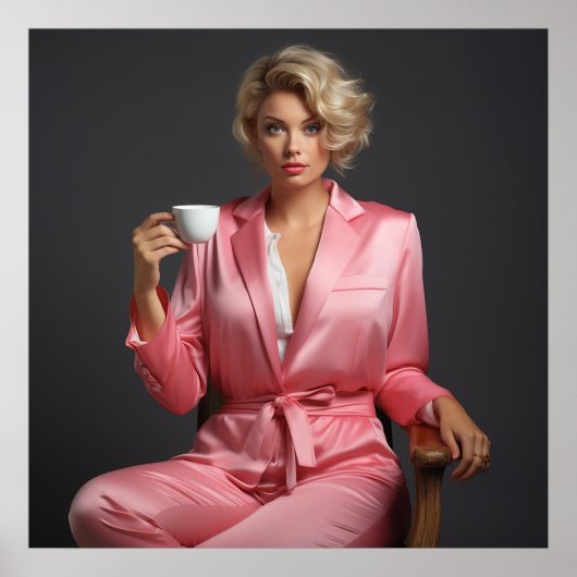 Roze Pin-Up Girl Model Portret Kantoor Vrouw Poster (Voorkant)