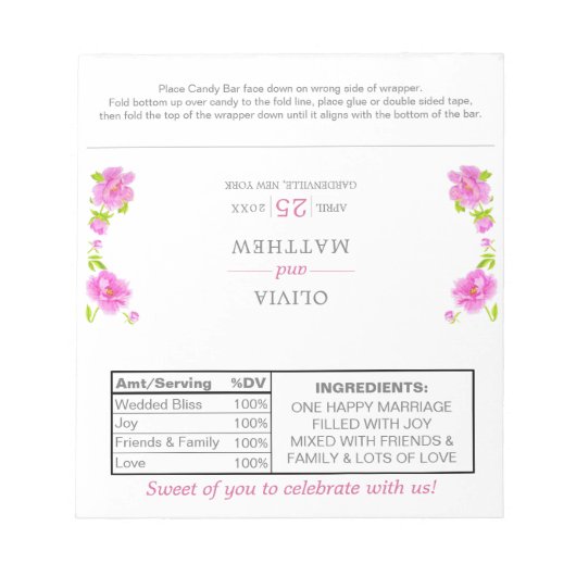 Roze pinda's Floral Wedding Snoep Wrappers Notitieblok (Voorkant)
