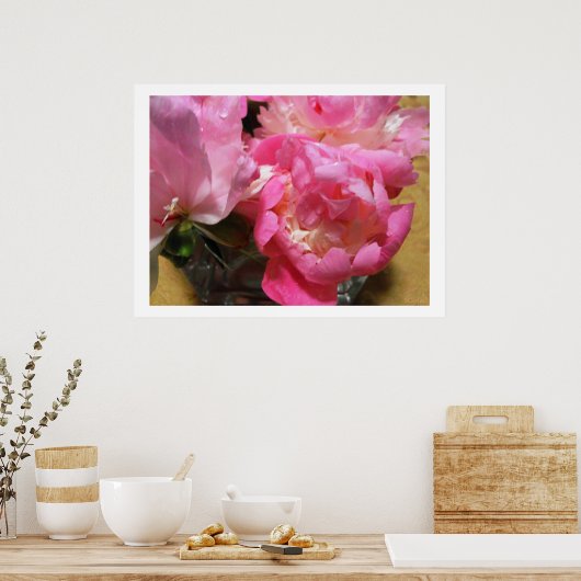 Roze pinda's in vase/pony-ventilator poster (Keuken)