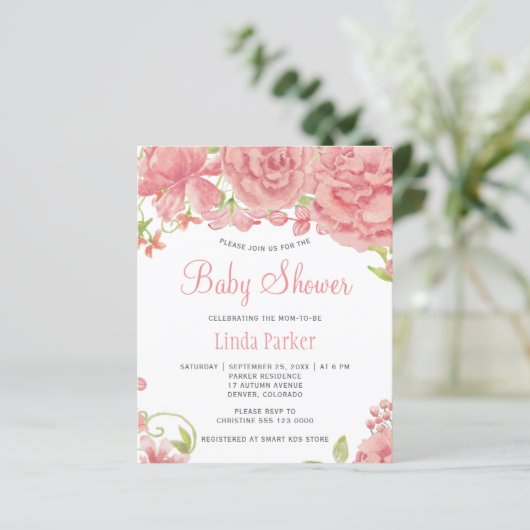 Roze pinda's Rustige budgetuitnodiging voor baby s (Staand voorkant)