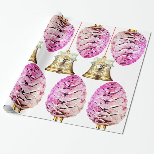 Roze Pinecones en Bells Wrapping Paper Cadeaupapier (Uitgerold)