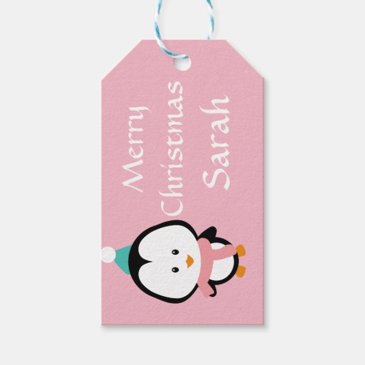 Roze Pinguïn gepersonaliseerd Cadeaulabel (Voorkant)