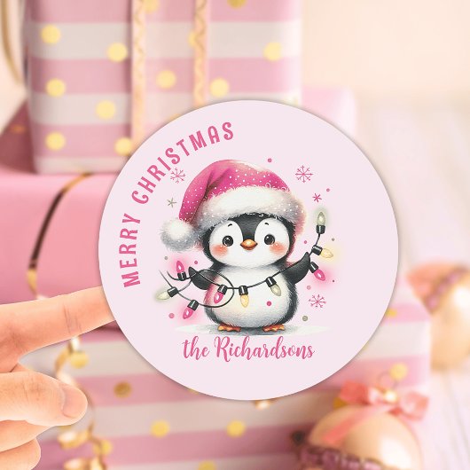 Roze Pinguïn met Lichten Familienaam Kerstmis Ronde Sticker