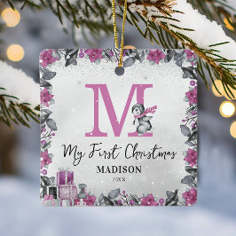 Roze Pinguïn Monogram Baby Stats Eerste Kerstmis Keramisch Ornament