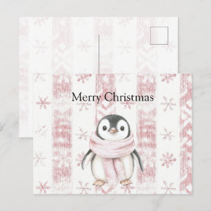 Roze Pinguïn Sneeuwvlokken Kerstmis Briefkaart