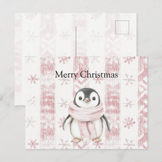 Roze Pinguïn Sneeuwvlokken Kerstmis Briefkaart (Voorkant / Achterkant)
