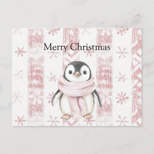 Roze Pinguïn Sneeuwvlokken Kerstmis Briefkaart (Voorkant)
