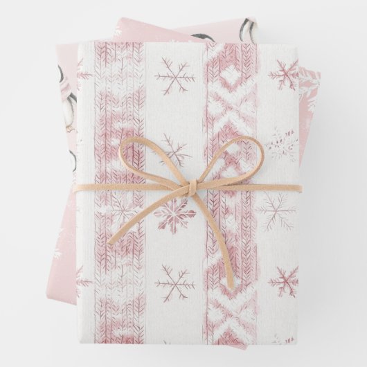 Roze Pinguïn Sneeuwvlokken Kerstmis Inpakpapier Vel (In situ)