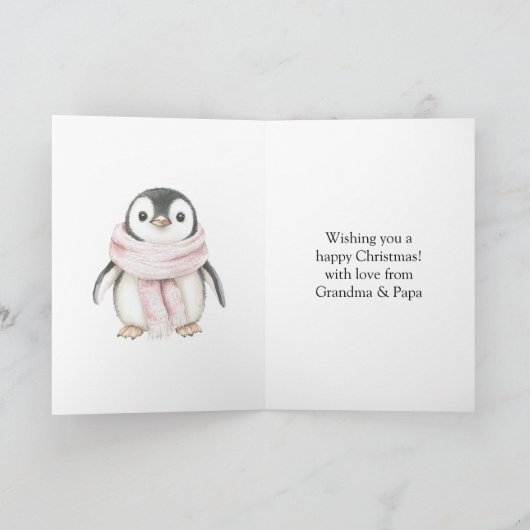 Roze Pinguïn Sneeuwvlokken Kerstmis Kaart (Binnen)