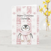 Roze Pinguïn Sneeuwvlokken Kerstmis Kaart (Gele Bloem)