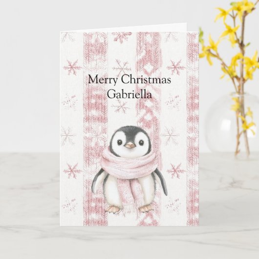 Roze Pinguïn Sneeuwvlokken Kerstmis Kaart (Gele Bloem)