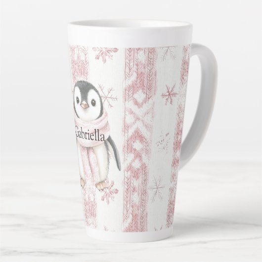 Roze Pinguïn Sneeuwvlokken Kerstmis Latte Mok (Rechterhoek)