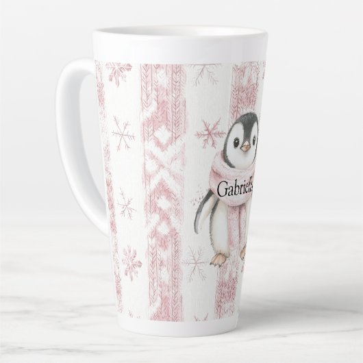 Roze Pinguïn Sneeuwvlokken Kerstmis Latte Mok (Linkerhoek)